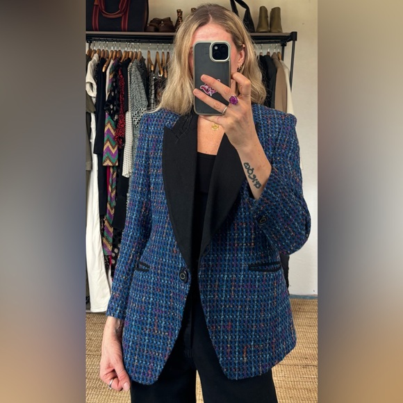 Vintage Tweed Made in Italy Blue Multicolour Wool Blend Blazer Jacket - Picture 3 of 12